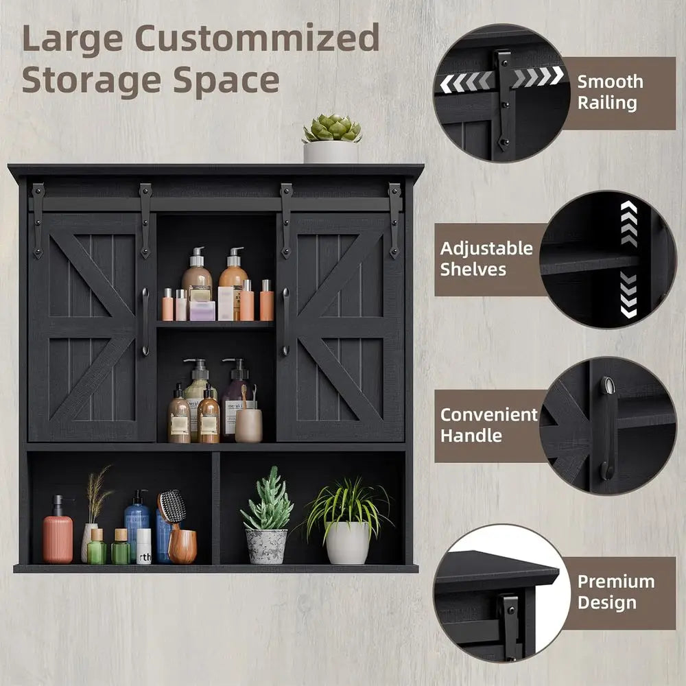 Vintage Wooden Wall-Mounted Medicine Cabinet with Double Sliding Barn Doors and Adjustable Shelves