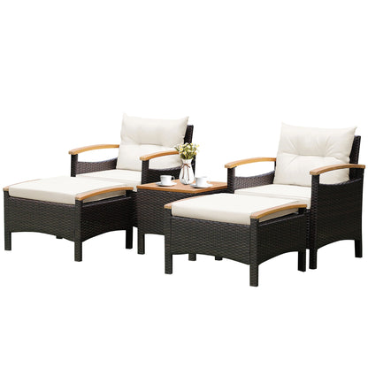 5PCS Patio Rattan Furniture Set Sofa Ottoman Cushioned Table W/Wood Top