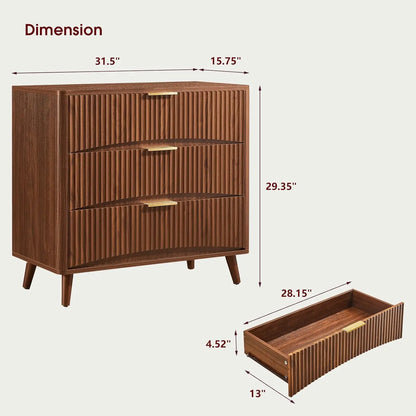 Oversized Nightstands Set of 2 31.5\" Walnut Fluted Tall Large 3 Drawer