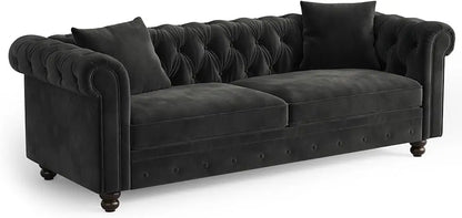 82 Inch Chesterfield Sofa, 23 Inch Deep Seat Velvet Couch  2 Throw Pillows