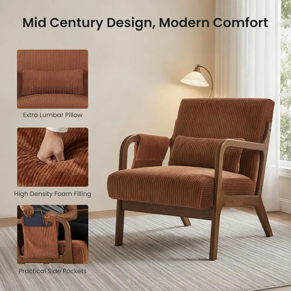 Upholstered Armchair with Lumbar Pillow and Solid Wood
