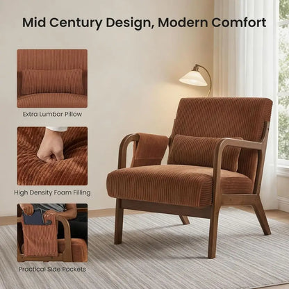 Upholstered Armchair with Lumbar Pillow and Solid Wood