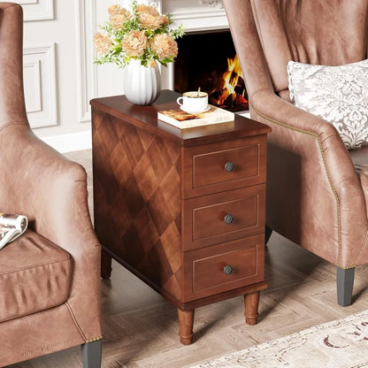 Fully Assembled End Table, Narrow Side Table with 3 Drawers