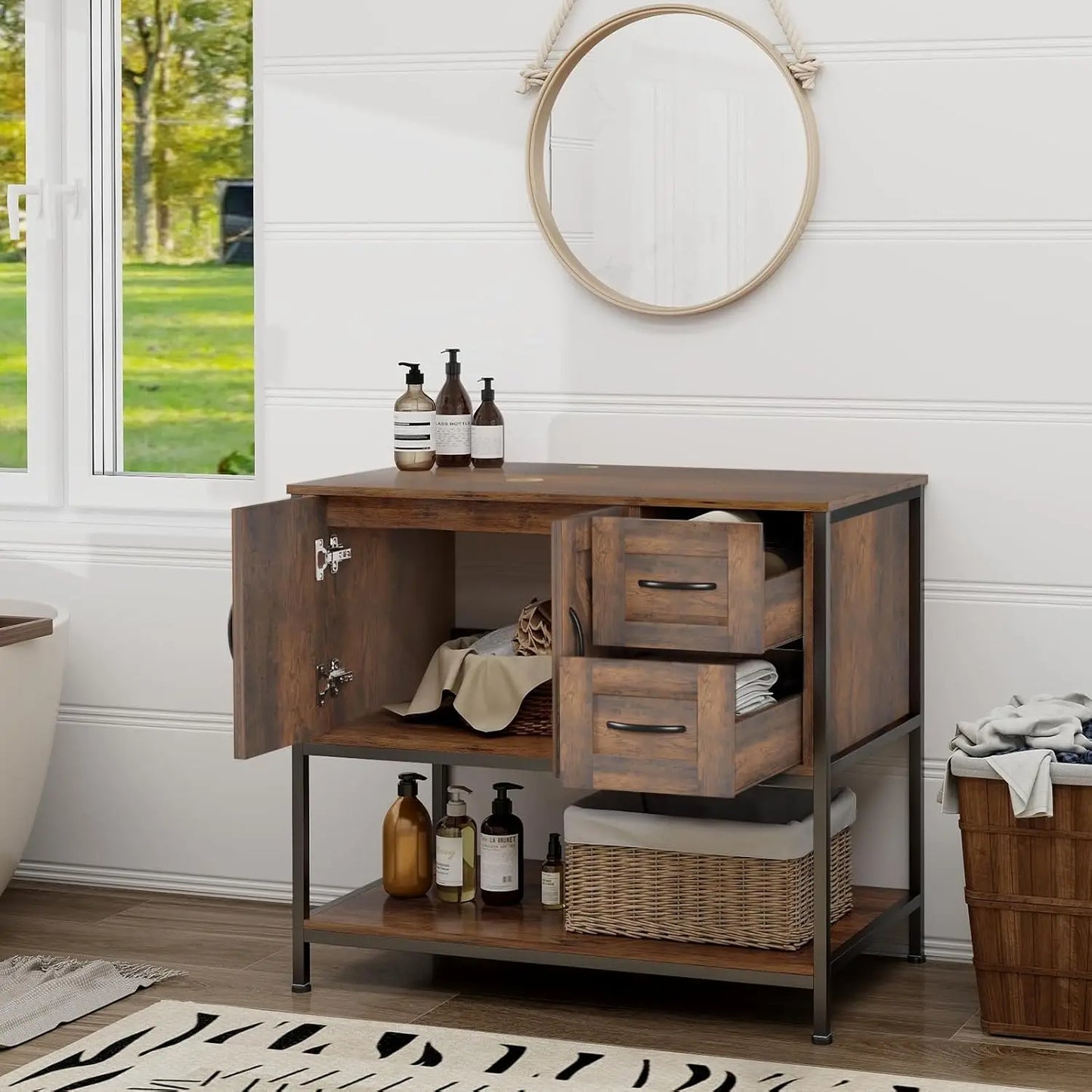 Rustic Farmhouse Bathroom Vanity with Ceramic Vessel Sink Combo Cabinet