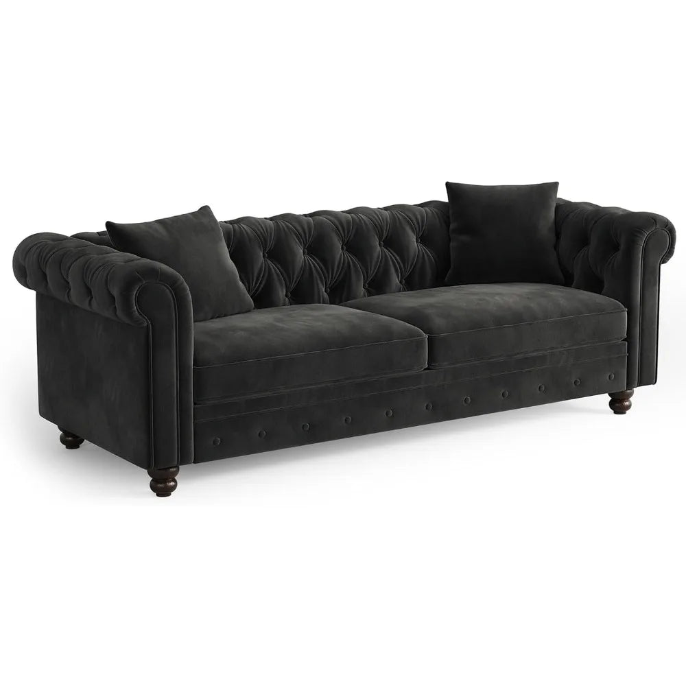 82 Inch Chesterfield Sofa, 23 Inch Deep Seat Velvet Couch  2 Throw Pillows