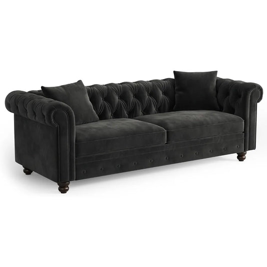 82 Inch Chesterfield Sofa, 23 Inch Deep Seat Velvet Couch  2 Throw Pillows