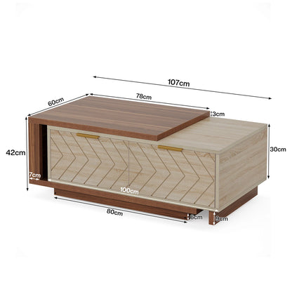 Extendable Coffee Table, 42"-65" Length Adjustable Reversible Wood Coffee Table with 2 Storage Drawers