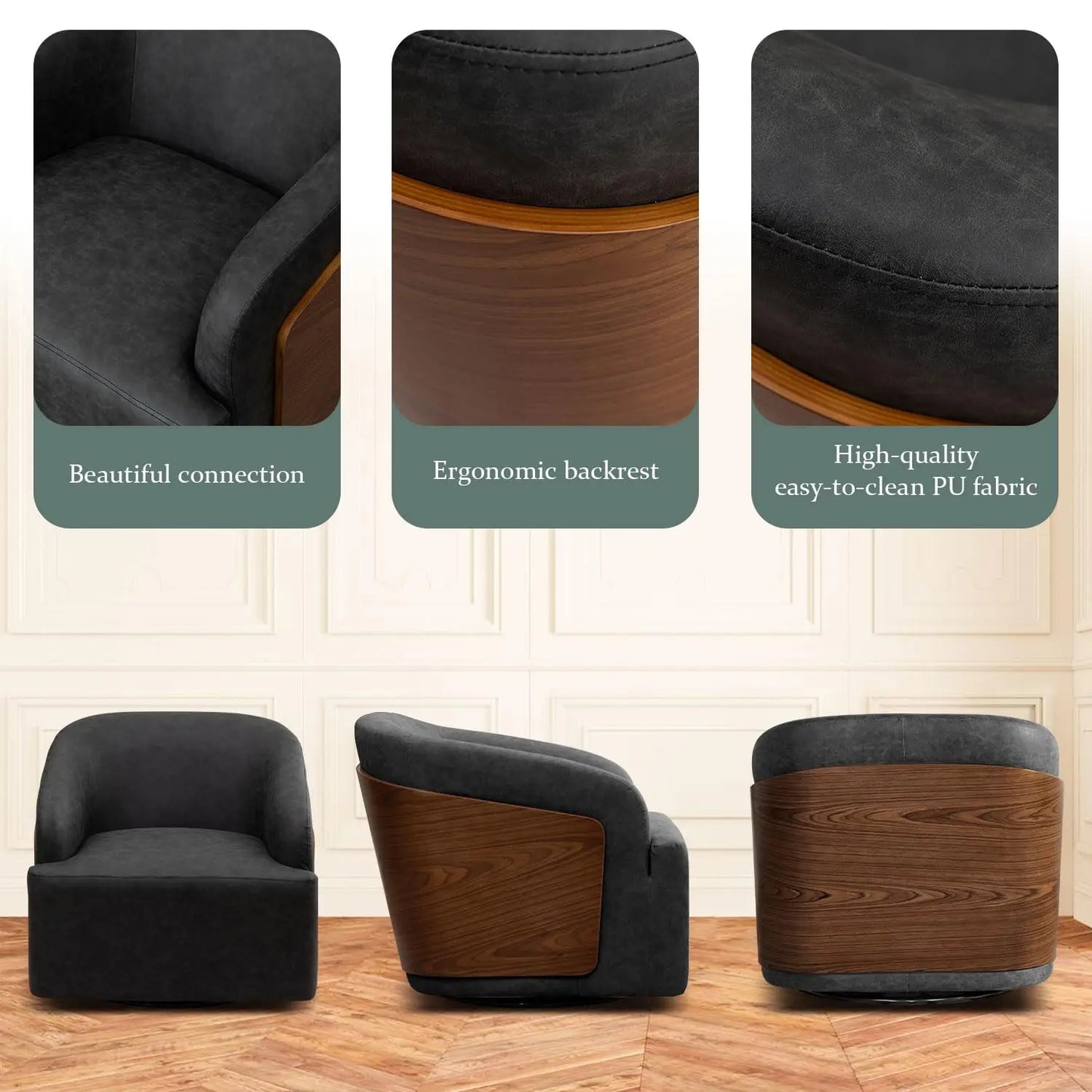 Swivel Accent Chair Faux Leather Swivel Barrel Chair Comfortable Mid Century Modern