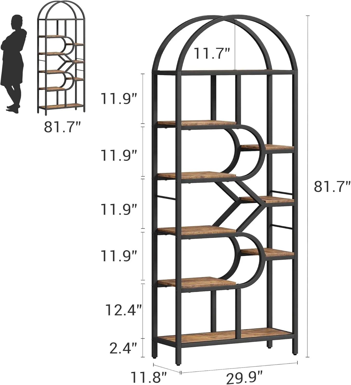 Bookshelf 6 Tier Arched Bookcase