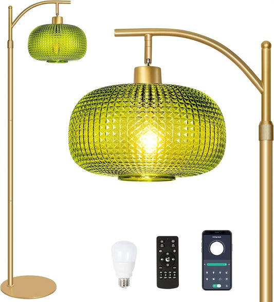 Mid Century Green Glass Standing Lamp with Remote, Gold Pole, 12W LED Edison Bulb
