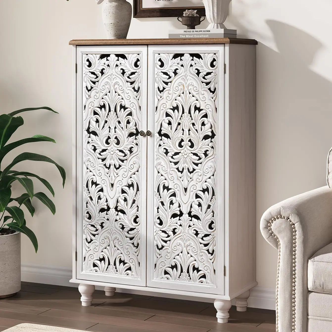 47" Tall Accent Cabinet with Navy Blue Mandala Carved Doors