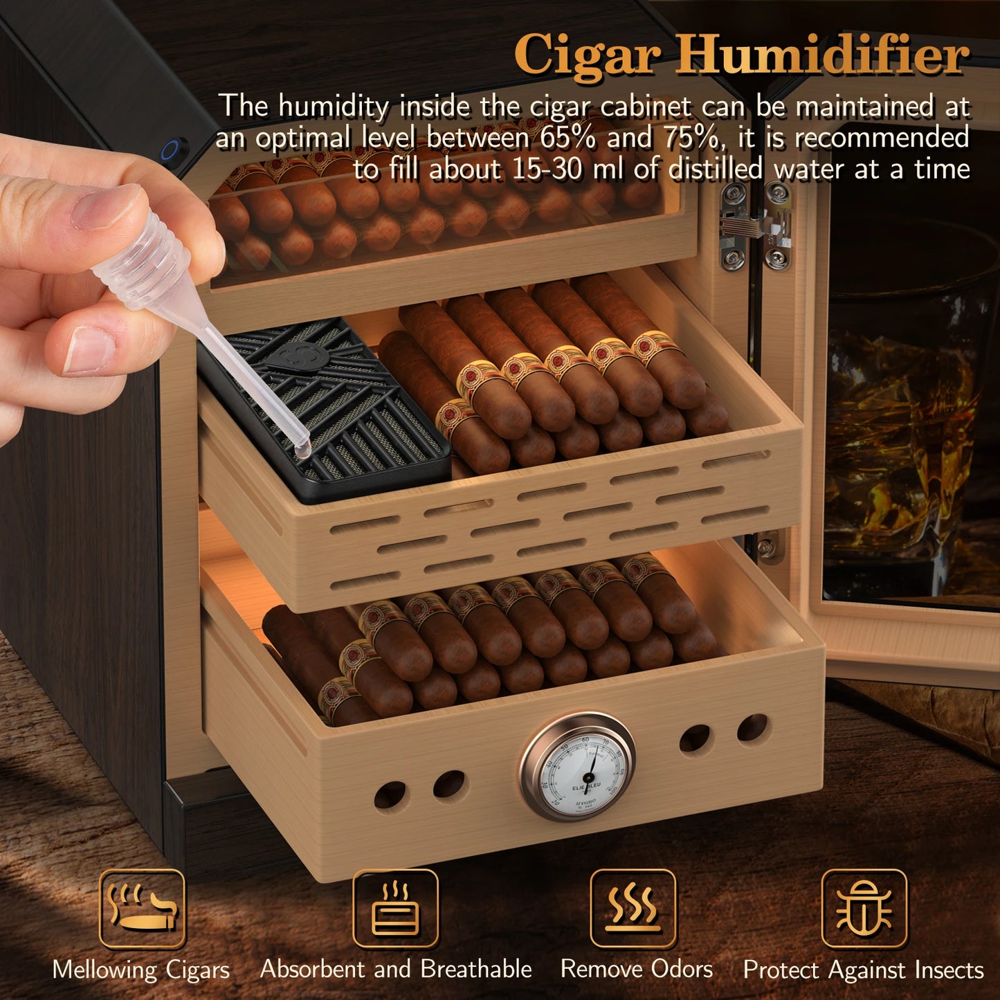 Cigar Humidor Lighted Control Magnetic Door Desktop Cigar Cabinet, Accessory Drawer and 2 humidifiers