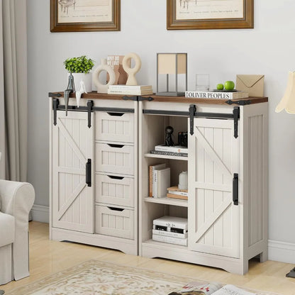 Farmhouse Bathroom Cabinet with Sliding Door & 4 Drawers, White