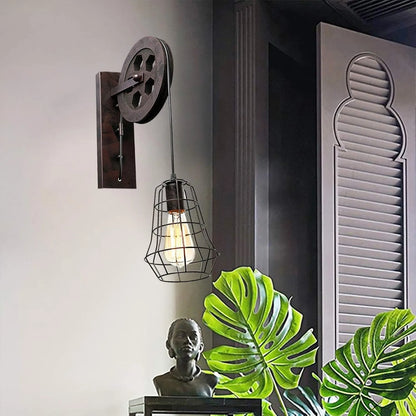 Industrial Wall Sconce Lights Lift Pulley Vintage Farmhouse Mid Century Wall Light with Iron Cage Lampshade for Indoor Lighting