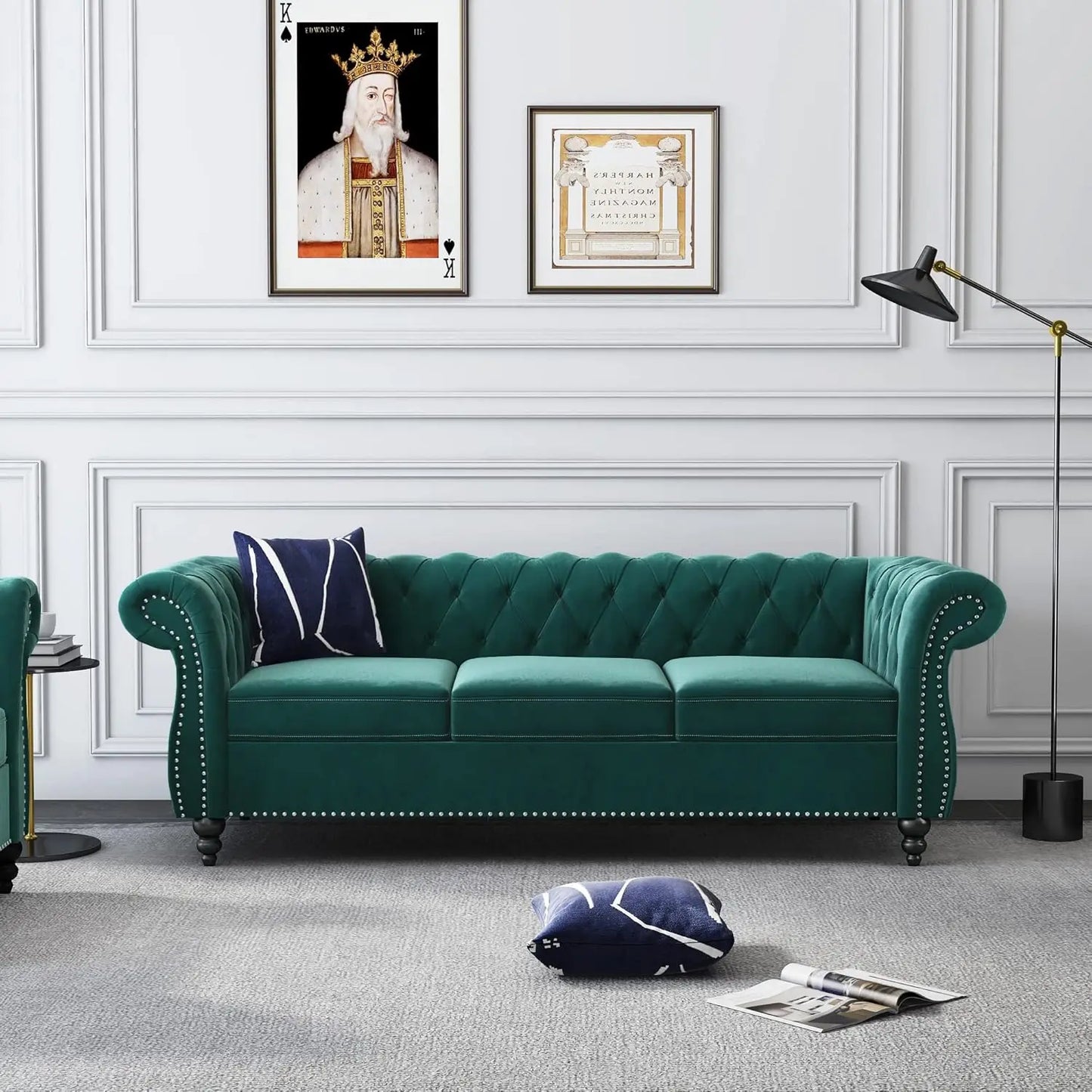 Roll Arm Classic Tufted Chesterfield Settee Velvet Sofa with Channel