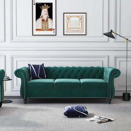 Roll Arm Classic Tufted Chesterfield Settee Velvet Sofa with Channel
