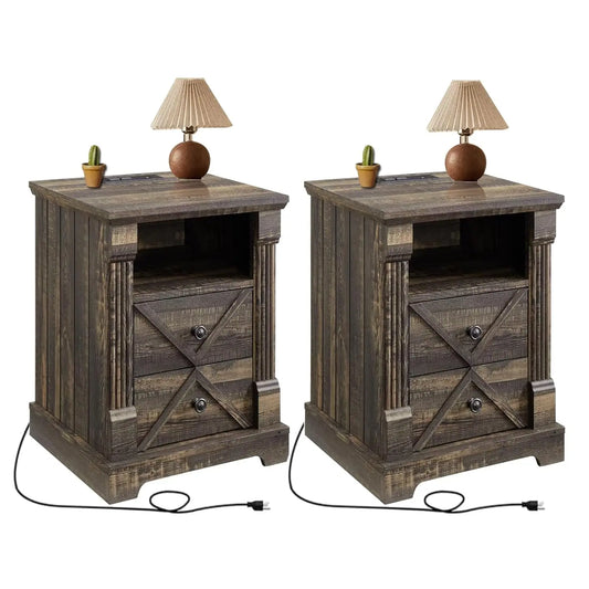 Farmhouse Night Stand with Charging Station set of 2, 18" Wide