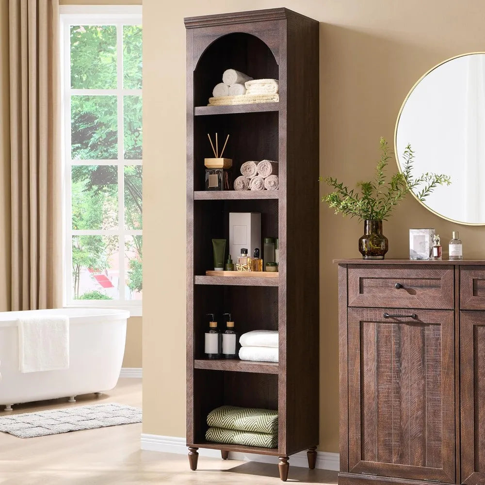 76" Tall  5 Tiers Narrow Farmhouse Arched Cabinet w/Adjustable Shelves