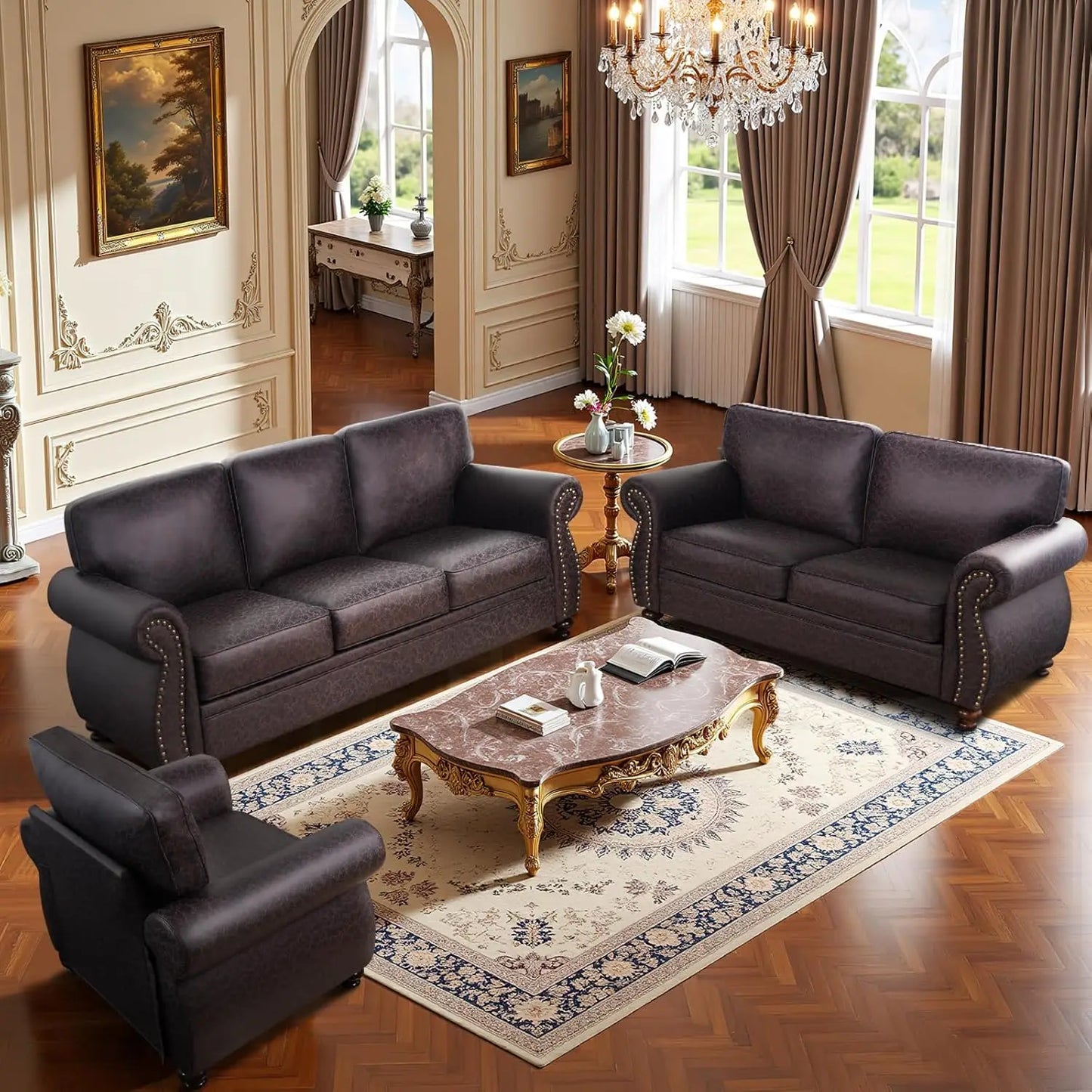 Mid-Century Vintage 3-Seater Sofa Rivet Design Removable Cover Upholstered Cushions