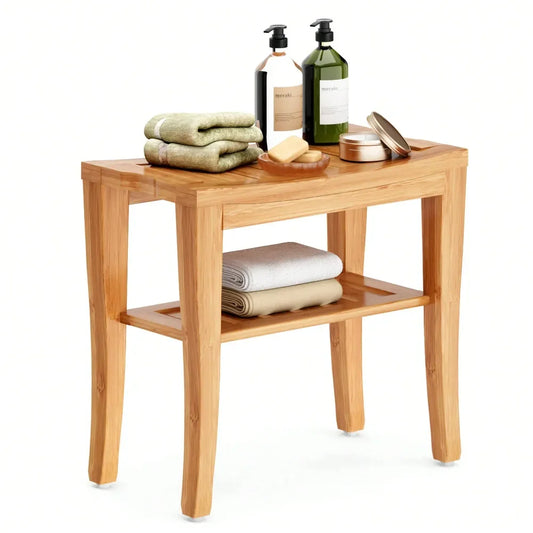 Bamboo Shower Bench, Waterproof Shower Stool With Storage Shelf