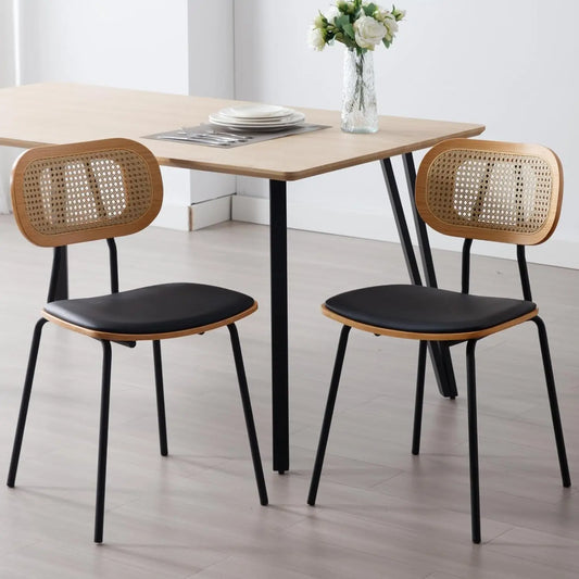 Mid-Century Dining Chairs Set of 2, PU Leather with Rattan Backrest