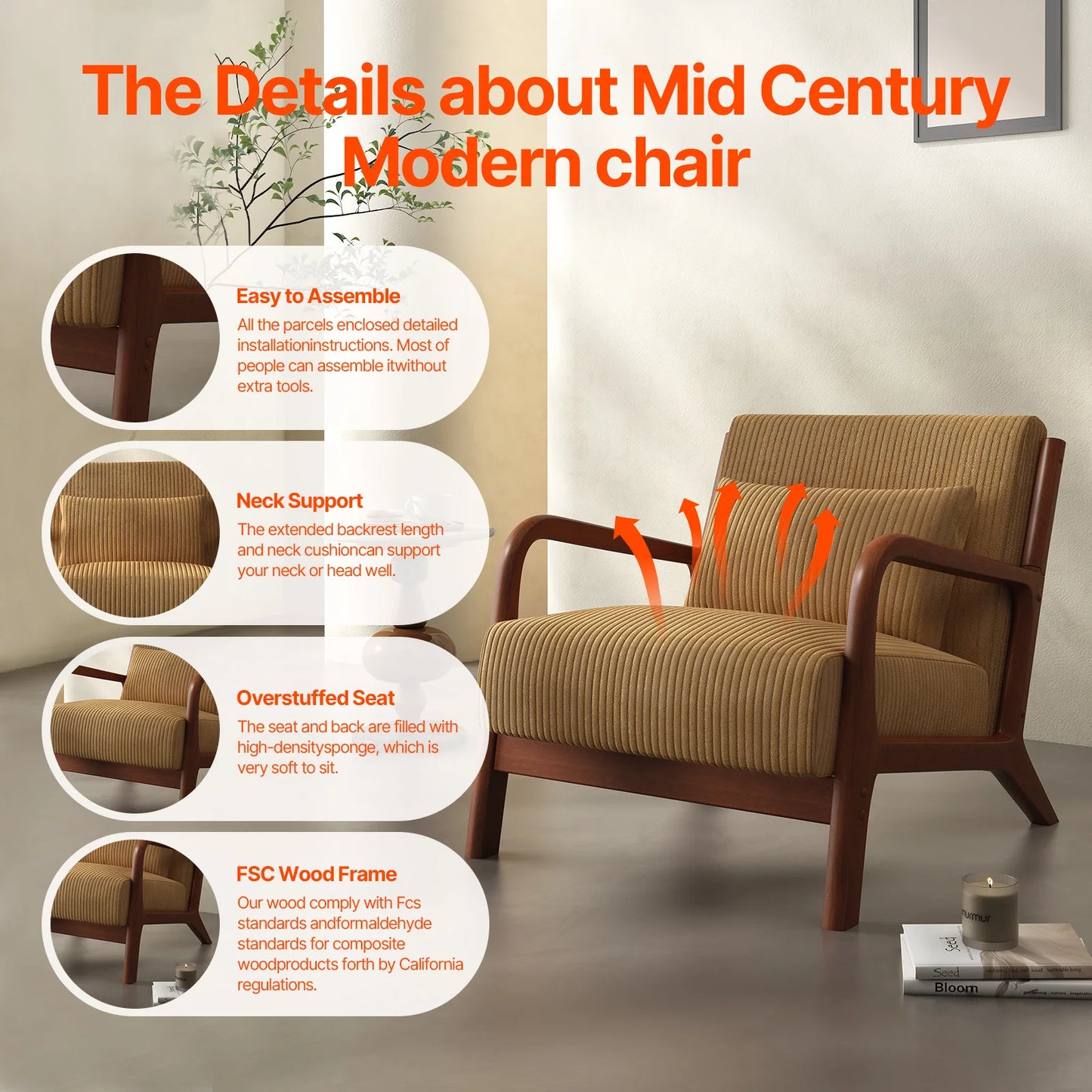 Mid Century Modern Accent Chair, Comfy Fabric Reading Chair with Solid Wood Frame