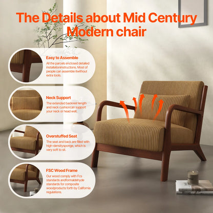 Mid Century Modern Accent Chair, Comfy Fabric Reading Chair with Solid Wood Frame
