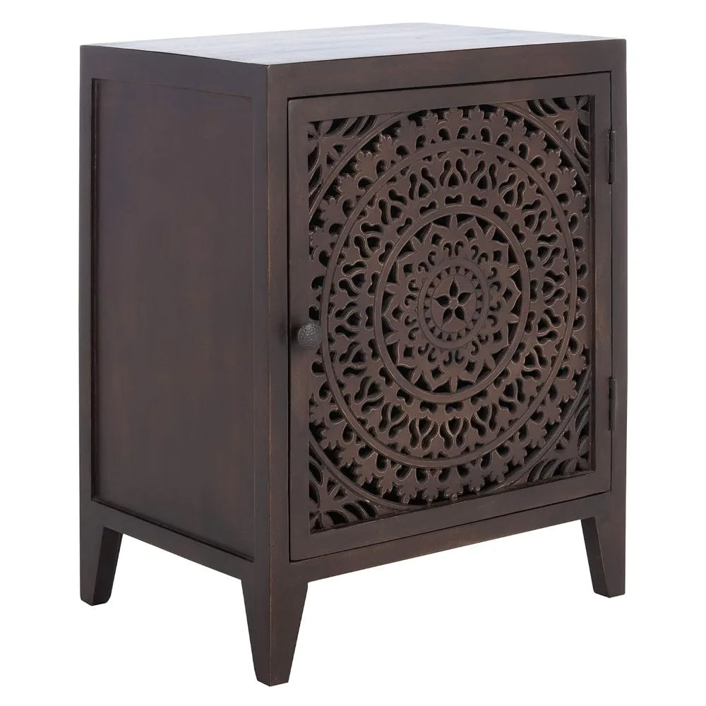 Thea Brown Carved Mandala 1-Door Storage Nightstand, Fully Assembled, Boho Accent Side Table