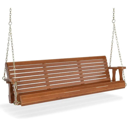 Heavy-Duty 880lbs Wooden Porch Swing with Hanging Chains for Courtyard and Garden (Brown)
