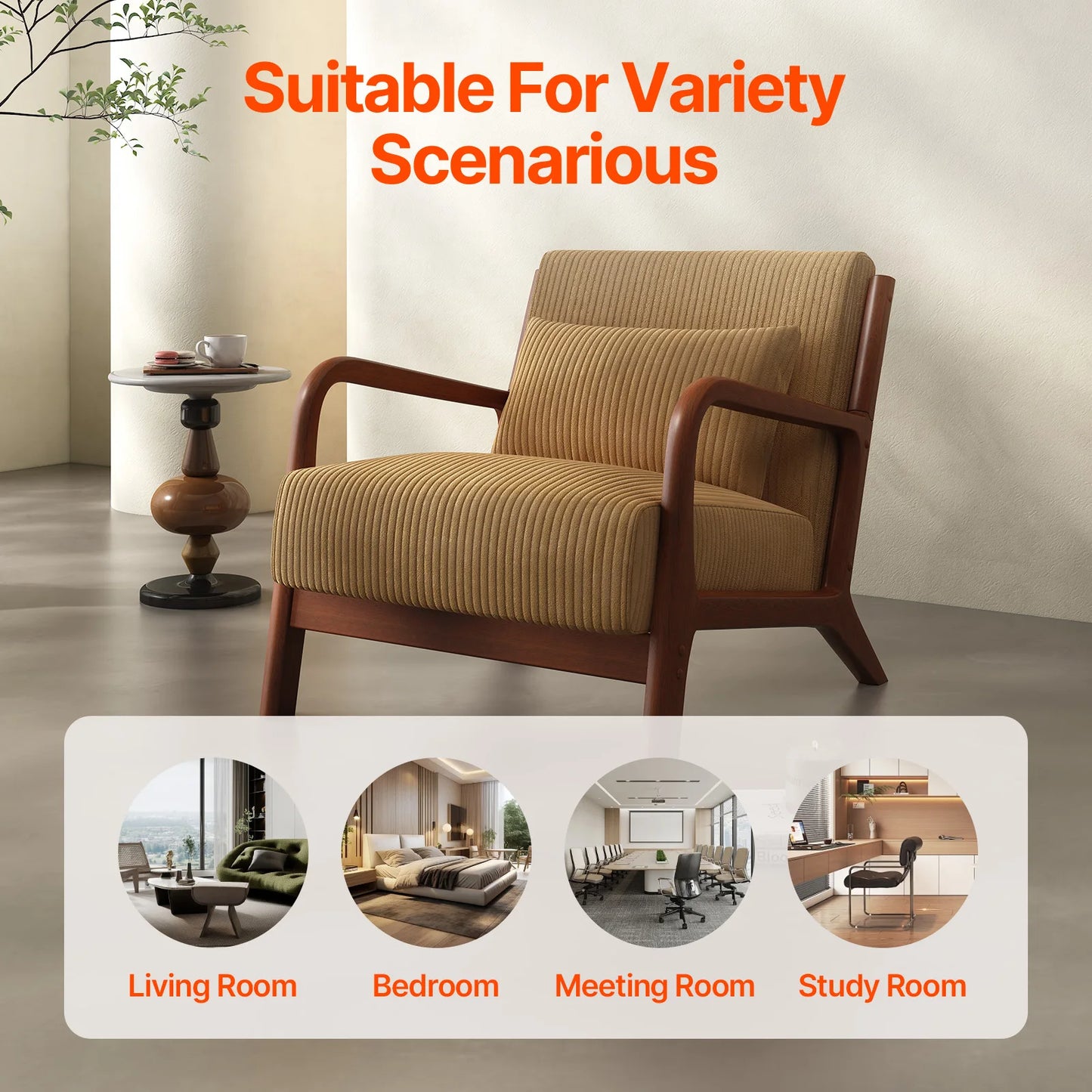 Mid Century Modern Accent Chair, Comfy Fabric Reading Chair with Solid Wood Frame