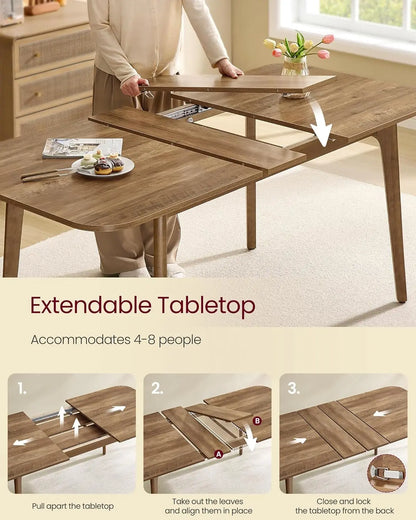 Extendable Dining Table for 4/6/8 People, Kitchen Table with Tapered Legs and Curved Design, Honey Brown Finish