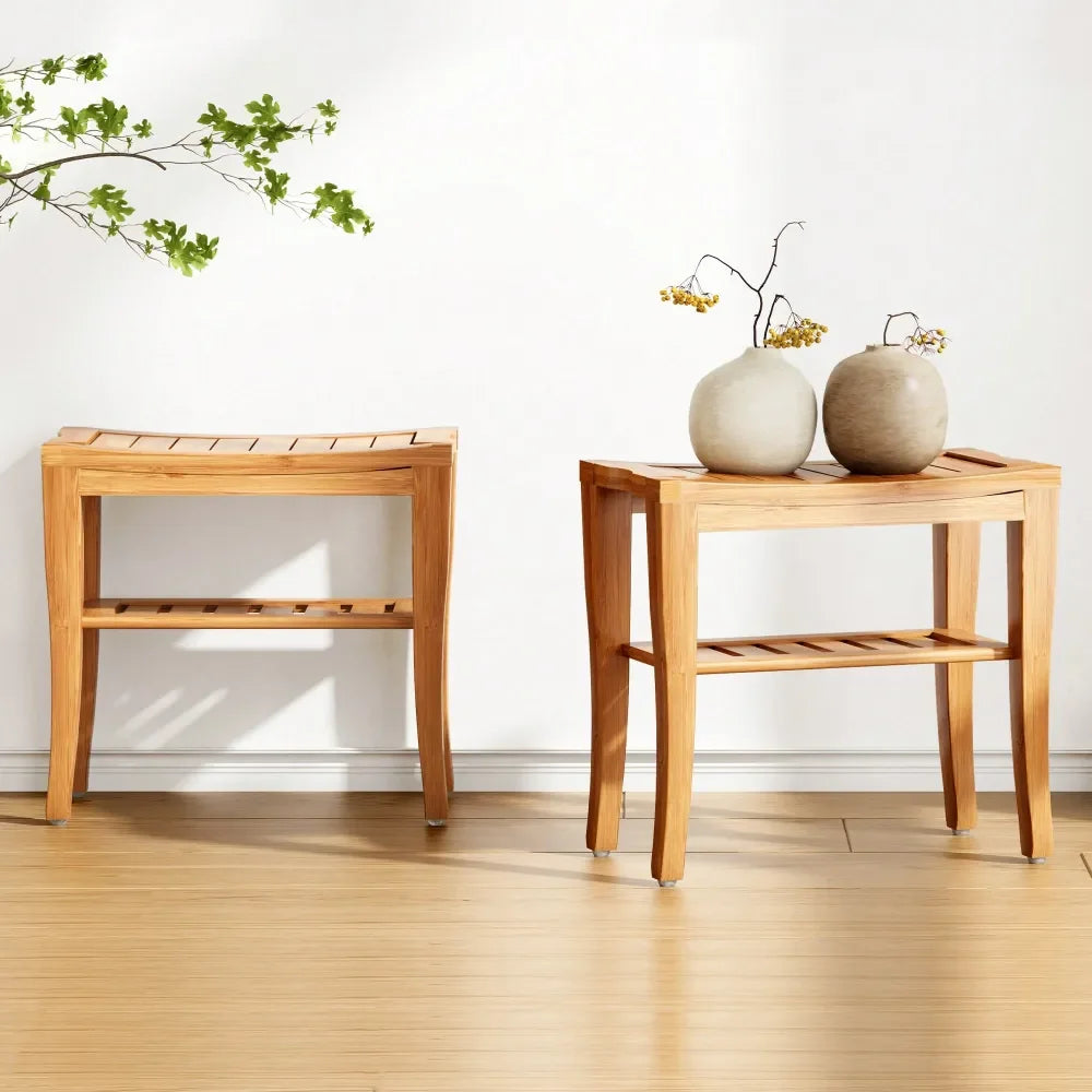 Bamboo Shower Bench, Waterproof Shower Stool With Storage Shelf