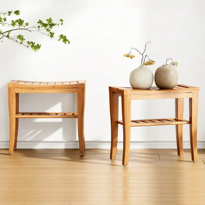 Bamboo Shower Bench, Waterproof Shower Stool With Storage Shelf