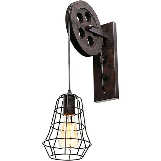 Industrial Wall Sconce Lights Lift Pulley Vintage Farmhouse Mid Century Wall Light with Iron Cage Lampshade for Indoor Lighting