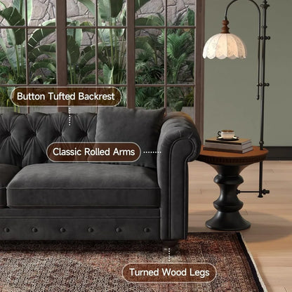 82 Inch Chesterfield Sofa, 23 Inch Deep Seat Velvet Couch  2 Throw Pillows