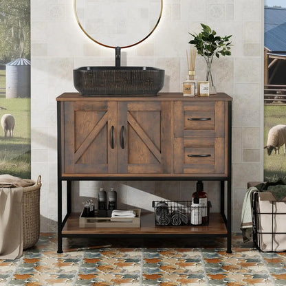 Rustic Farmhouse Bathroom Vanity with Ceramic Vessel Sink Combo Cabinet