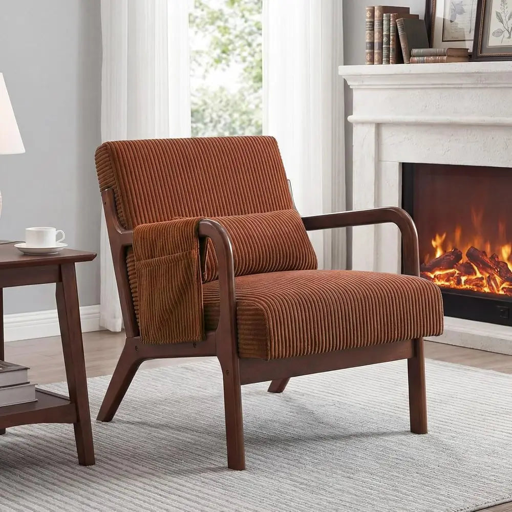 Upholstered Armchair with Lumbar Pillow and Solid Wood