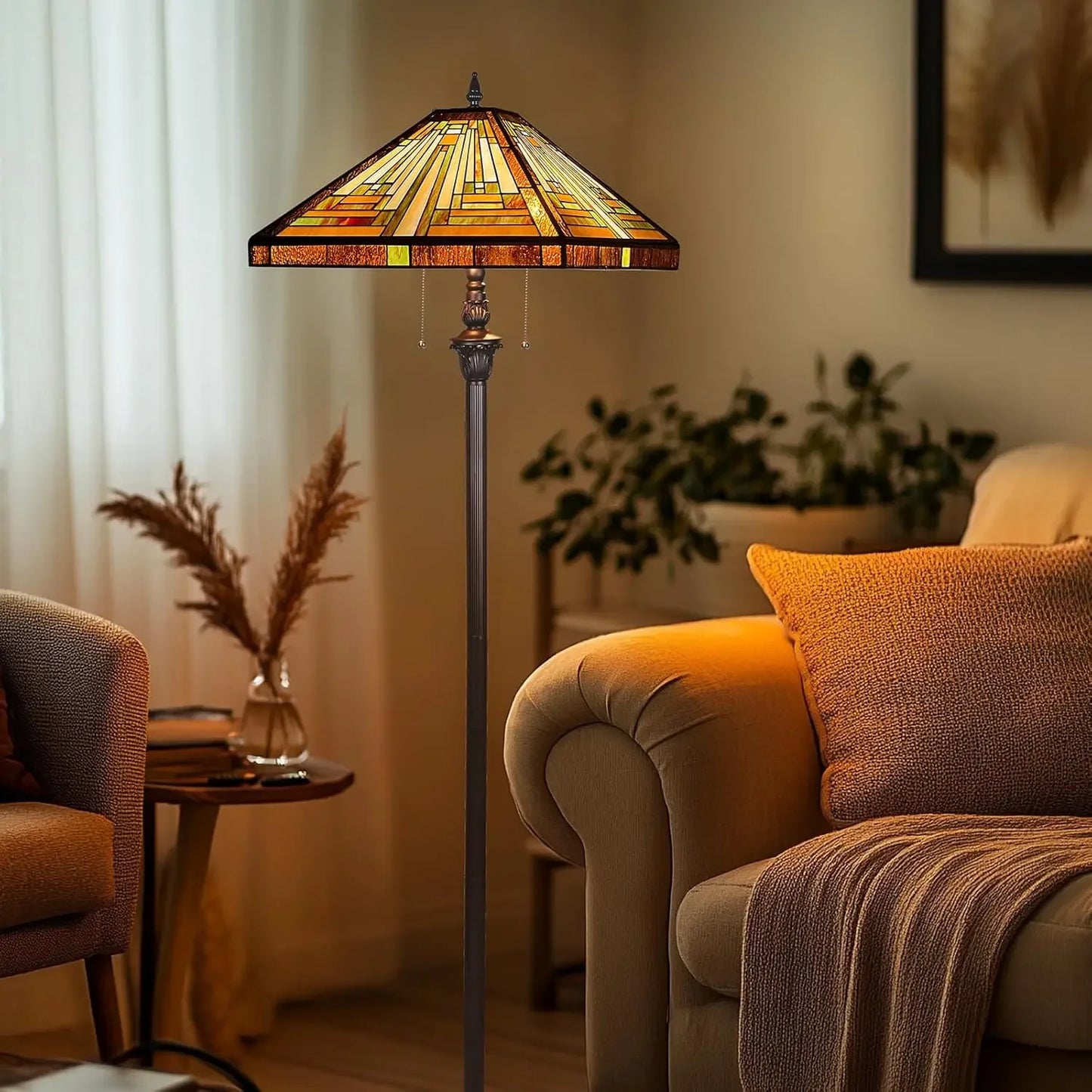 Tiffany Lamp, Stained Glass Floor Lamp 2-Light 16X16X63 Inches Amber Brown