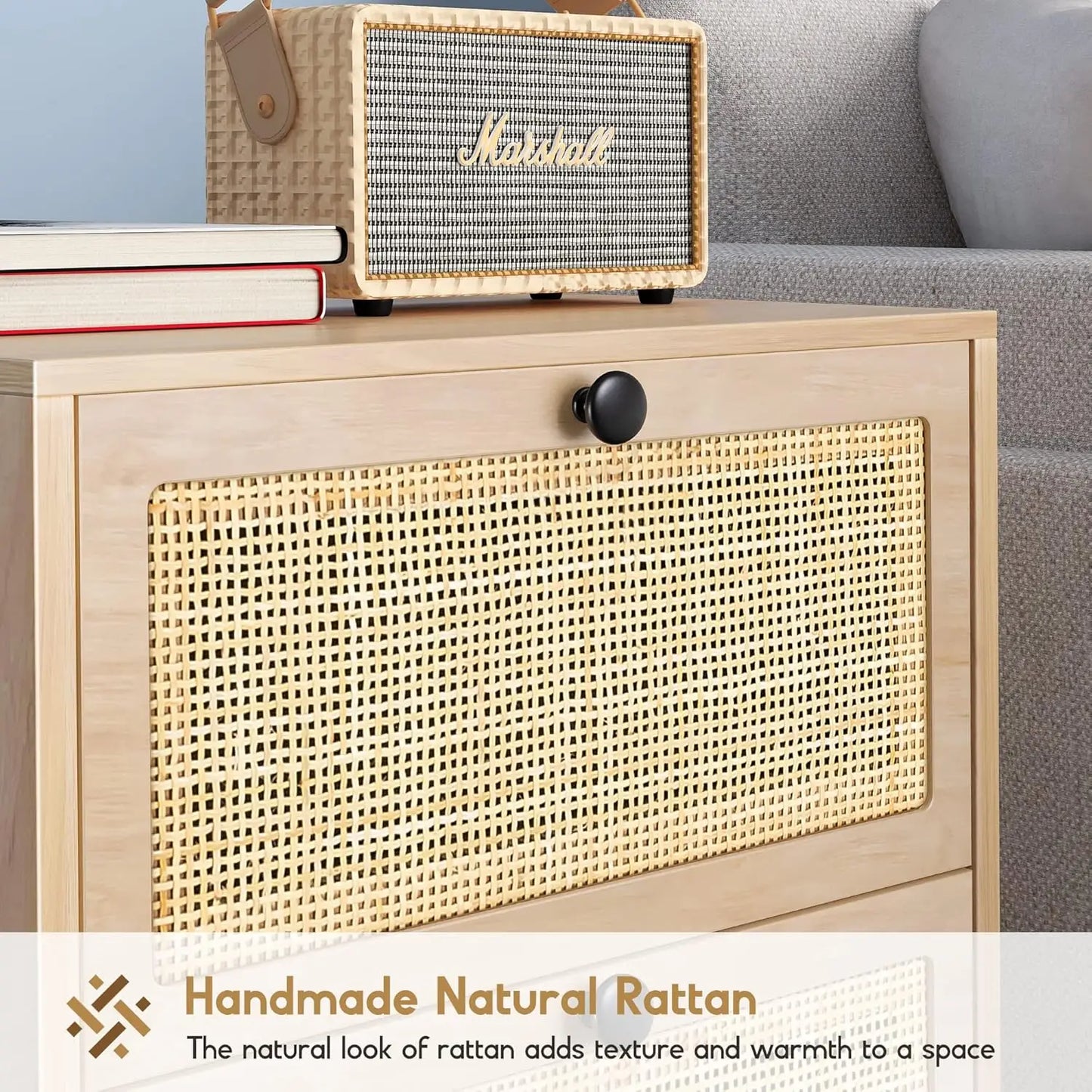 Natural Rattan Nightstand Set of 2, Boho Night Stand with Drawers