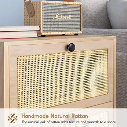 Natural Rattan Nightstand Set of 2, Boho Night Stand with Drawers