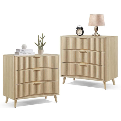 Oversized Nightstands Set of 2 31.5\" Walnut Fluted Tall Large 3 Drawer