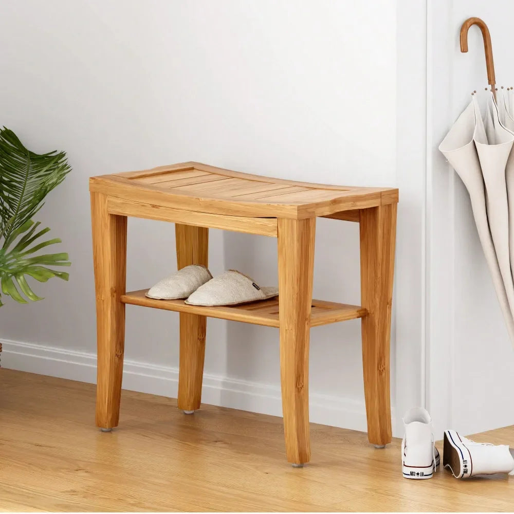 Bamboo Shower Bench, Waterproof Shower Stool With Storage Shelf