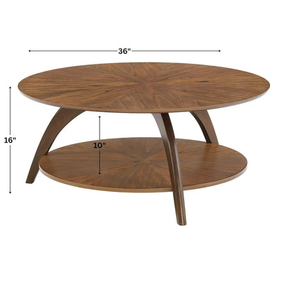 Round Wood Coffee Table with Lower Shelf,Cocktail Table for Living Room or Den. Caramel Brown with Walnut Brown Legs, Customized