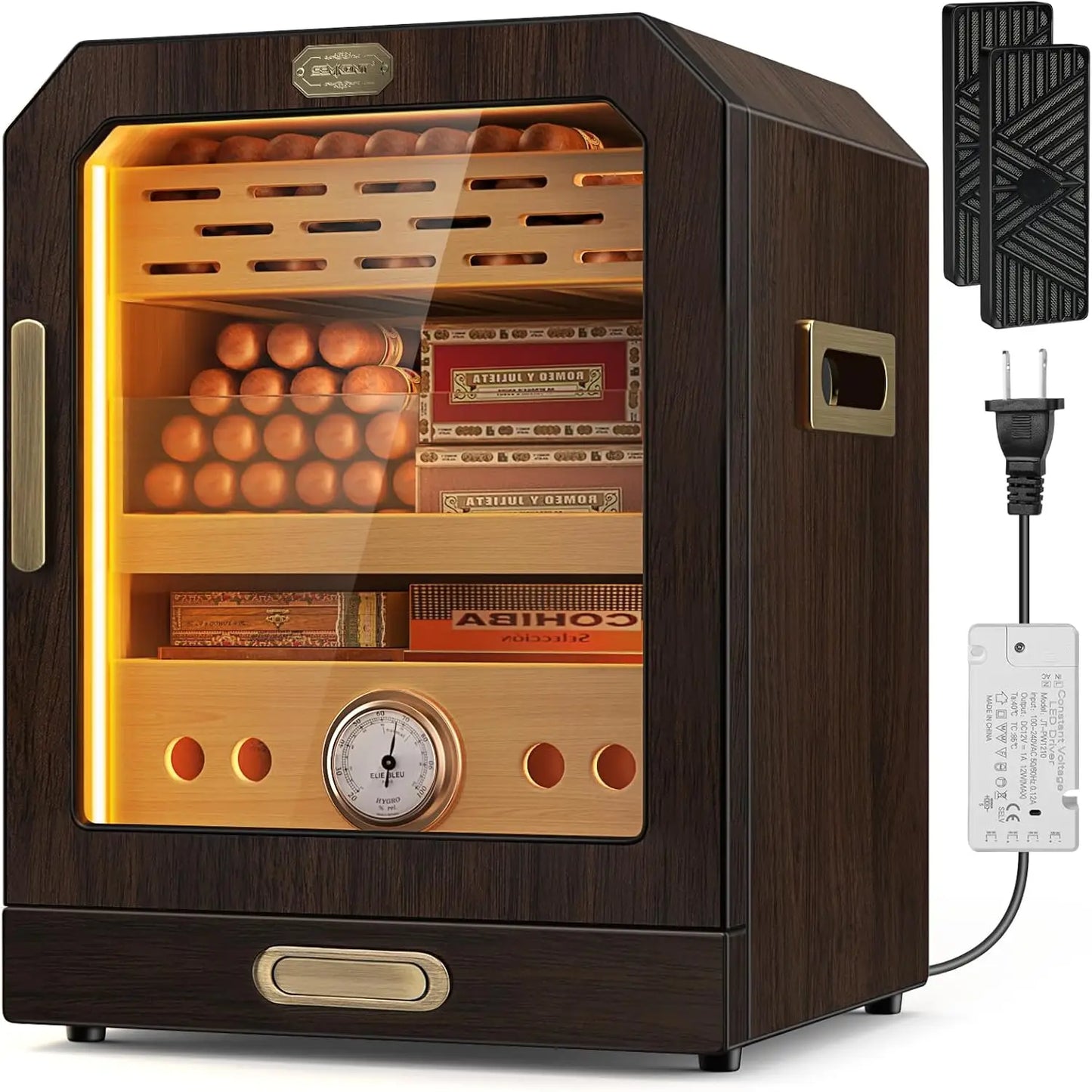 Cigar Humidor Lighted Control Magnetic Door Desktop Cigar Cabinet, Accessory Drawer and 2 humidifiers