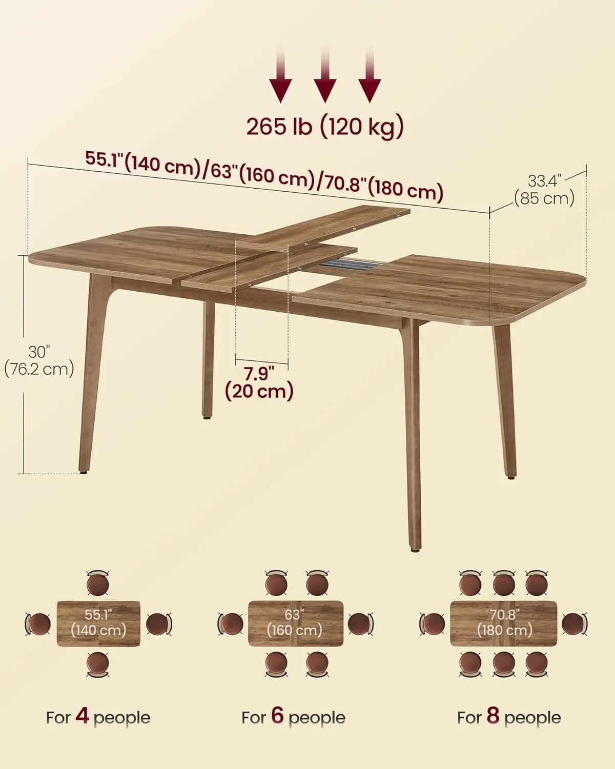 Extendable Dining Table for 4/6/8 People, Kitchen Table with Tapered Legs and Curved Design, Honey Brown Finish