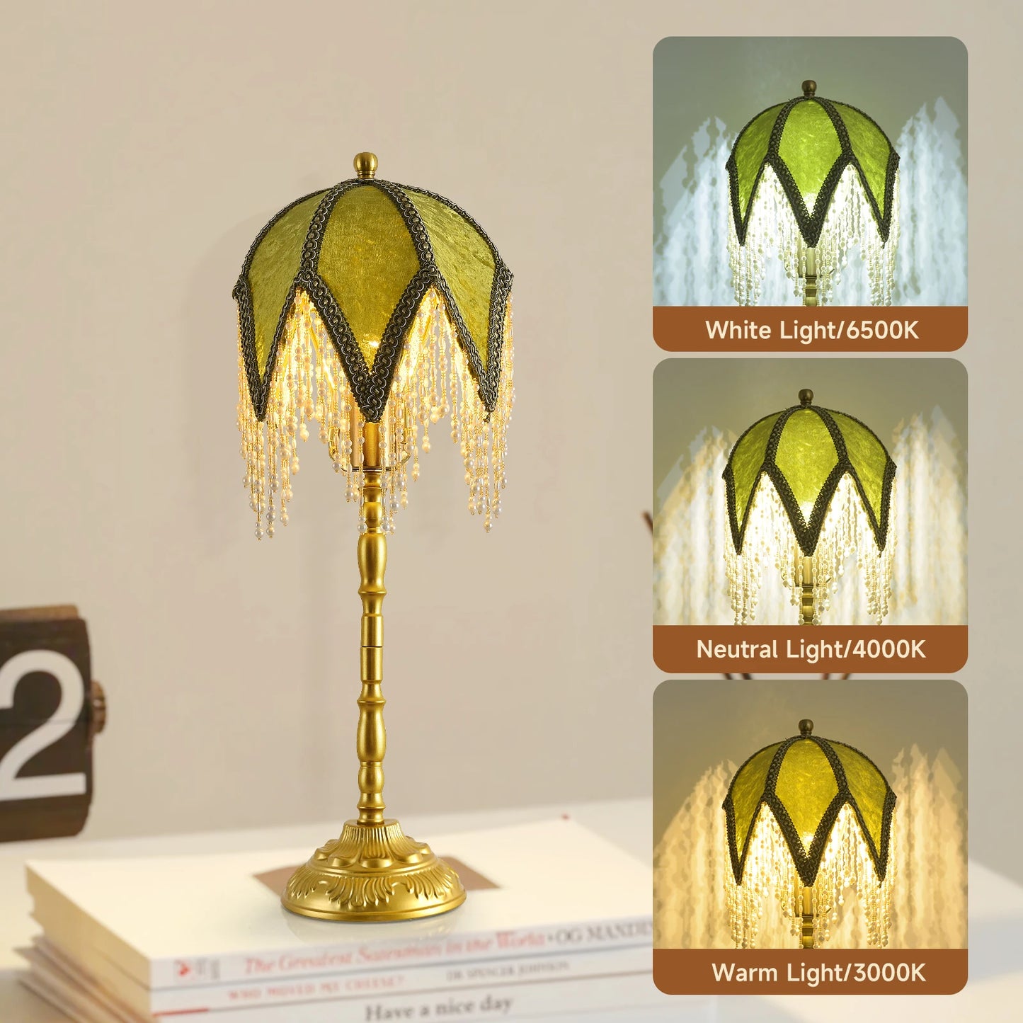 WELAISA Vintage Tasselled Table Lamp with Beaded Shade