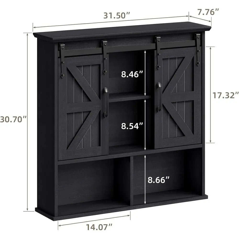 Vintage Wooden Wall-Mounted Medicine Cabinet with Double Sliding Barn Doors and Adjustable Shelves