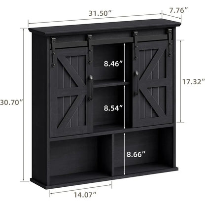 Vintage Wooden Wall-Mounted Medicine Cabinet with Double Sliding Barn Doors and Adjustable Shelves