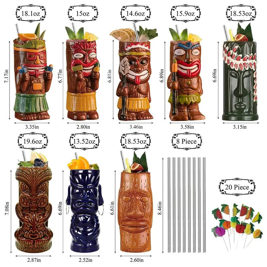 Tiki Mugs Set Of 8 Exotic Frosted Mug With 8 pack Straws