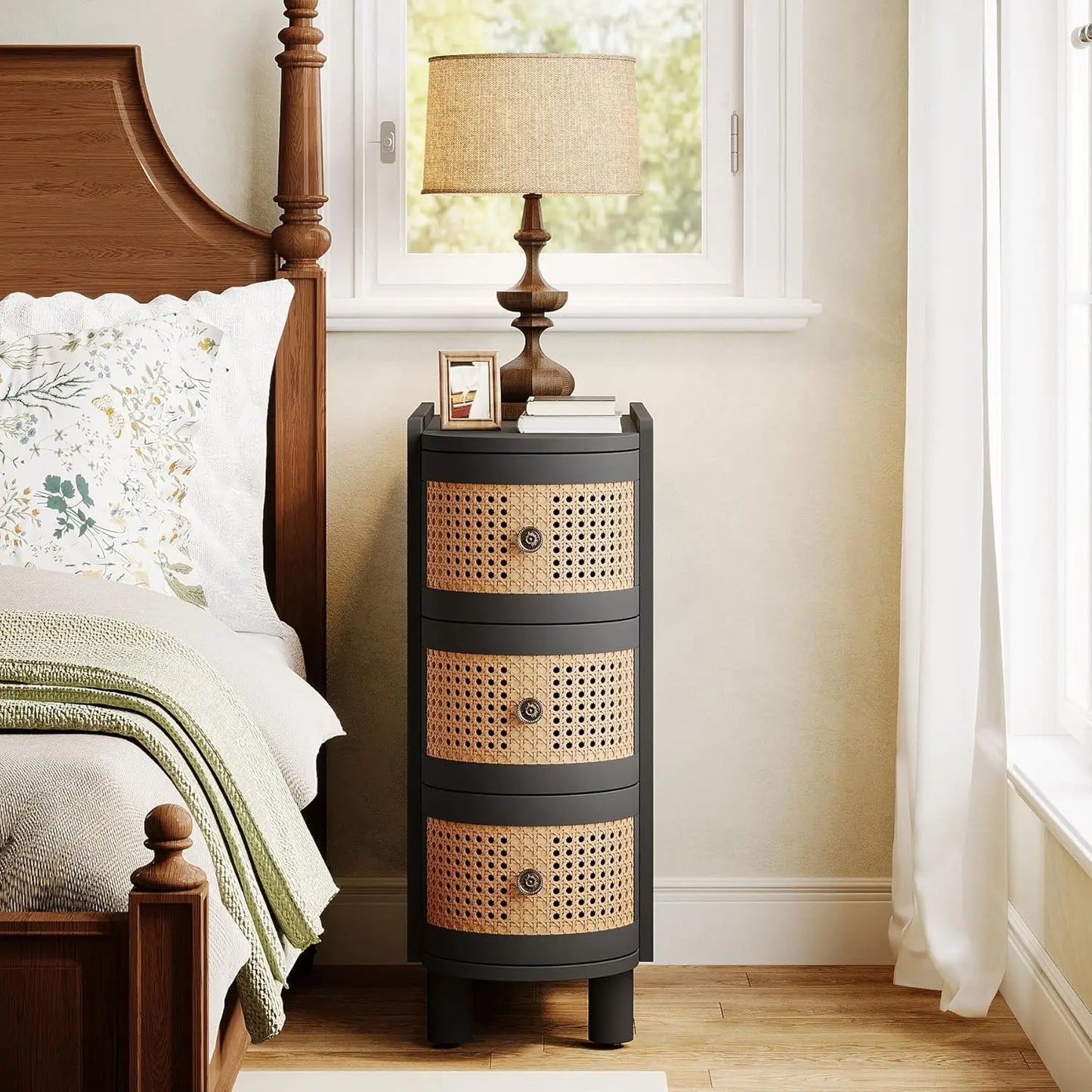 Solid Wood Sofa Side Table with Vintage Embossed Handles